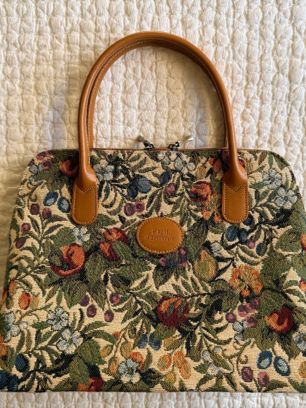 Floral tapestry purse with leather trim